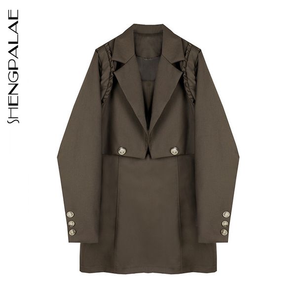 

shengpalae new spring and autumn ladies fashion short khaki simple suit jacket + knee-length strap dress 2-piece set zt7670, Gray