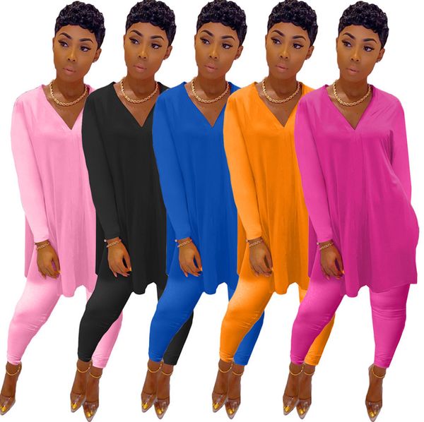 

женщины фонариков рукавом двухсекционный установить casual solid color v-образным вырезом split top карандаш брюки эпикировка моды t shirt б, Gray