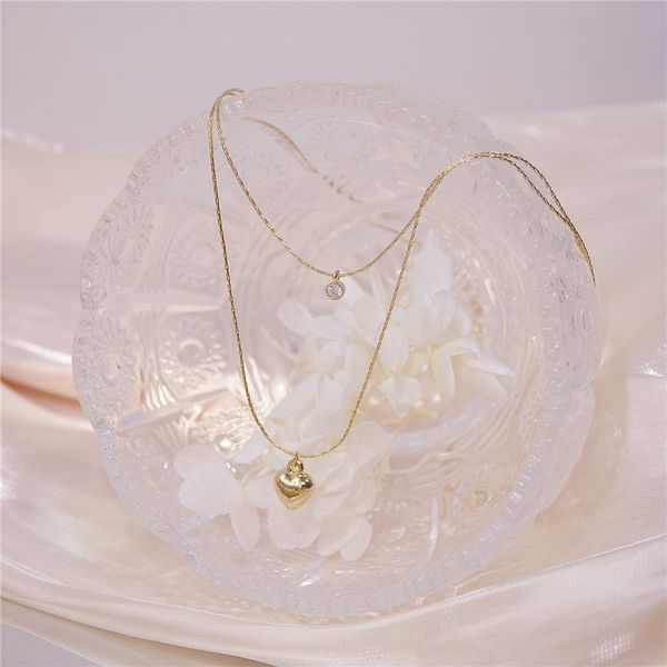 

korean classic double zircon heart-shaped pendant necklace for woman stone delicate temperament gold chain clavicle chain gift, Silver