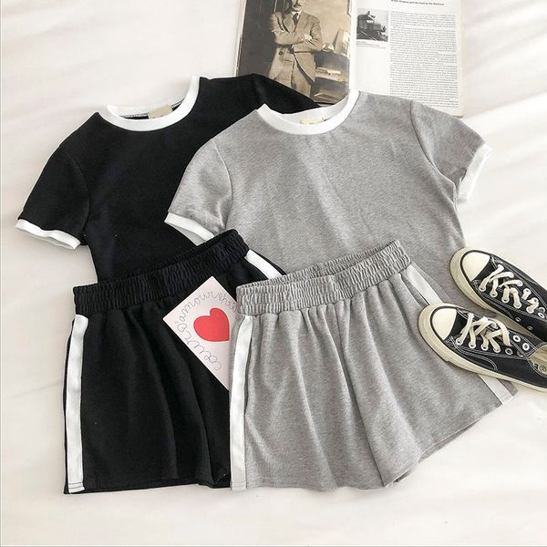 

heliar women's tracksuit two piece set women crop t-shirt and elastic waist wide leg shorts two piece set for women outfits, Gray