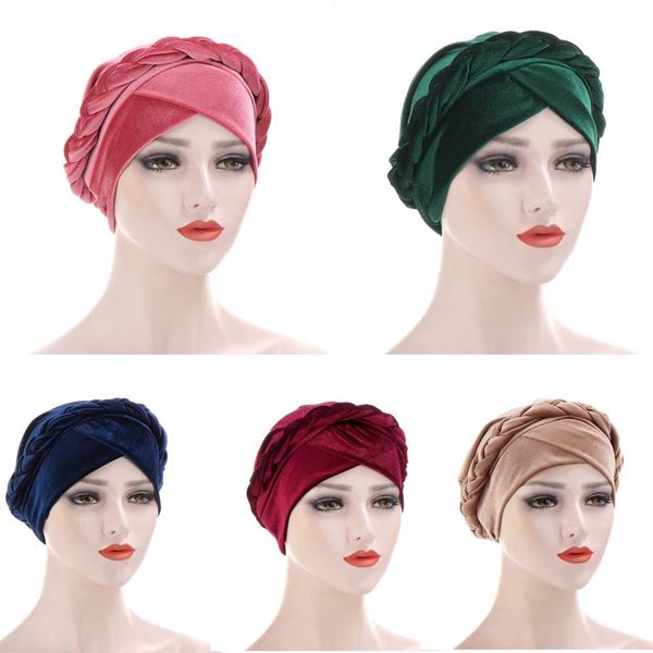 Beanie Cap Mulheres Sólidos Cruz Velvet Braid Turban Hat Lenço Cancer Chemo Hijab Headwear Acessórios Headwrap cabelo