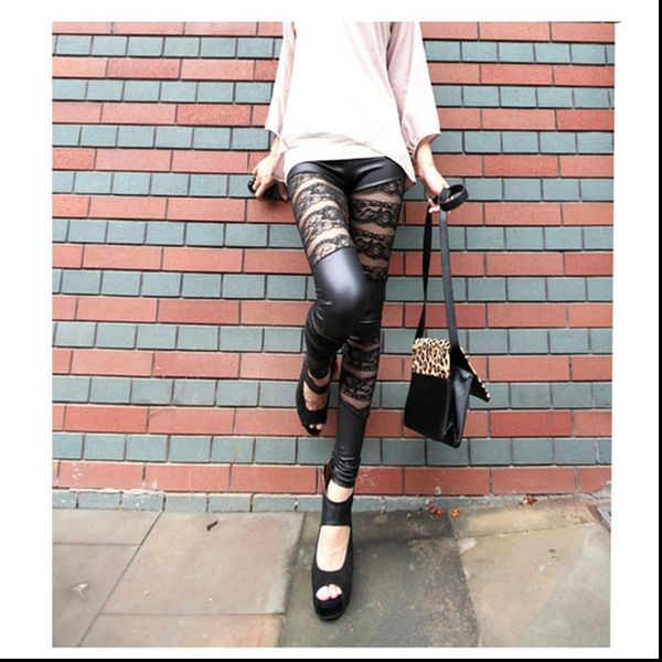 

мода solid кожзаменитель колющие крест нашивки гетры шнурка hollow sexy брюки офисные брюки тонкий женщин эластичные брюки, Black