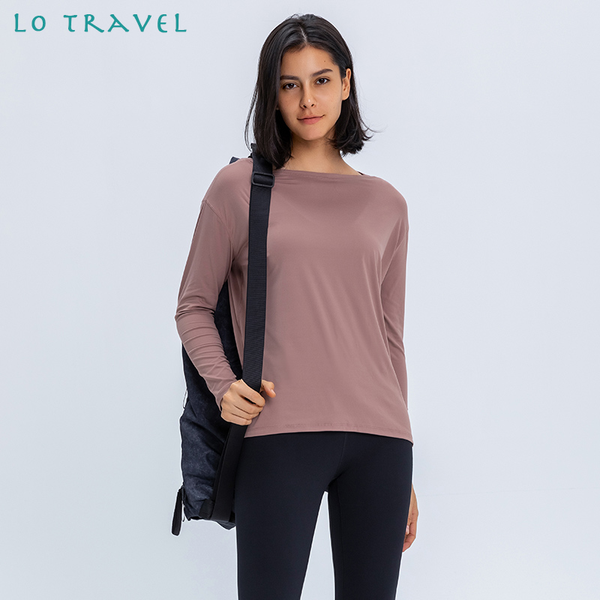 

lotravel oversize second-skin feel workout gym shirts long sleeve women bare loose fit anti-sweat sport yoga long sleeved shirts, White;red