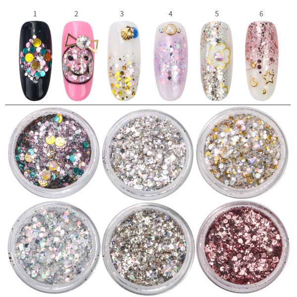 

nail glitter 6boxes/set art powder sequins set 3d laser colorful flakes diy charm dust for decorate, Silver;gold