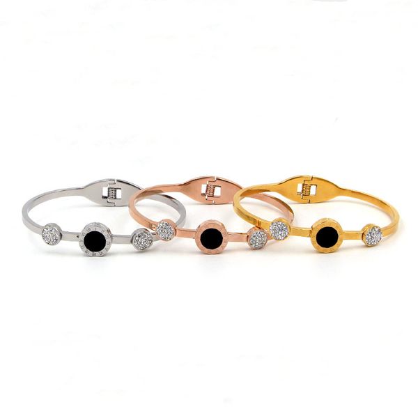 

men women stainless steel rose gold color couples crystal black shell punk steel bangle & bracelet for women
