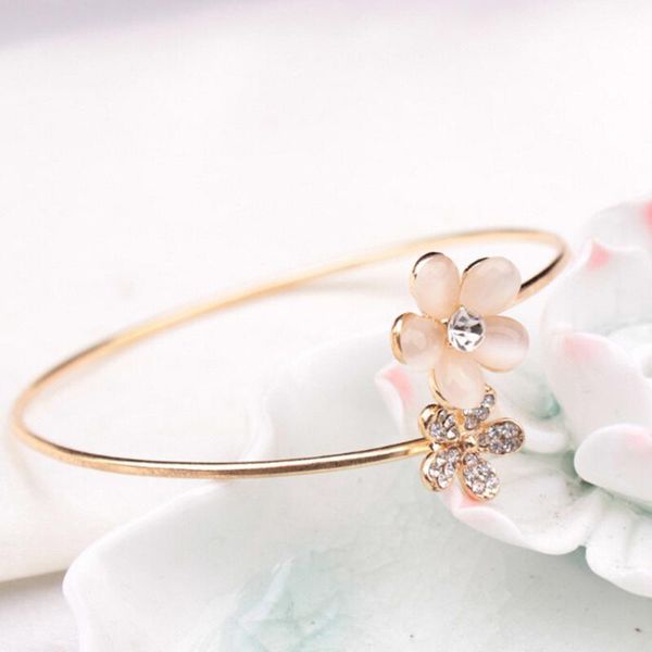 

2020 new fashion adjustable flower decoration bangles for women with crystal stones bracelet chain bangles accesorios mujer, Golden;silver