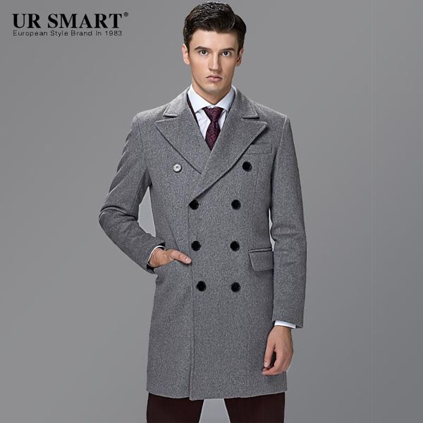 

british style ursmart double-breasted business men in the wool coat long grey coat, Black