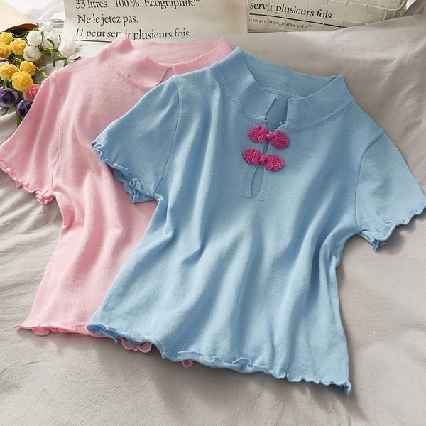 

new women solid short sleeve sweaters shirts chinese style collar cropped thin hollow out sweater pullover crop for female, White;black