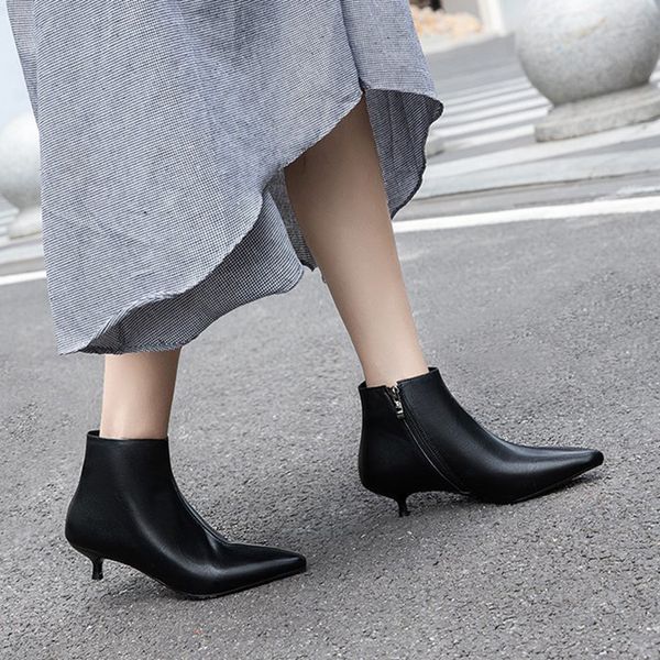 

2020 new pointed toe heels ankle boots women black beige pu leather short botas mujer autumn winter zipper shoes woman