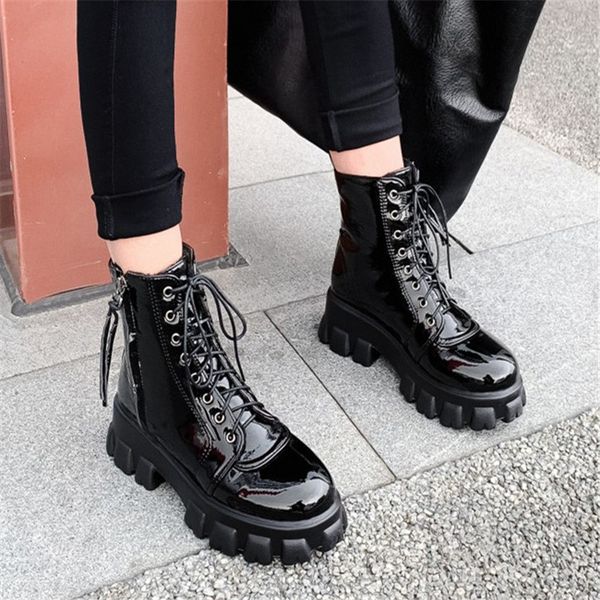 

women thick platform creepers boots patent leather chunky heels biker shoes, Black