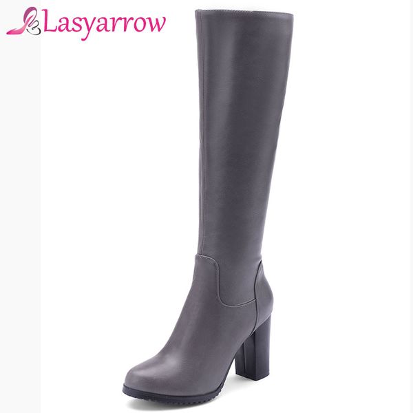 

lasyarrow chunky high heels round toe motorcycle boots zipper botas femininos black brown knee high boots for women shoes f402