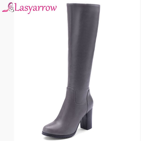 

lasyarrow коренастый высокие каблуки круглый toe мотоцикл сапоги на молнии botas femininos черный коричневый колено высокие сапоги для женщи, Black
