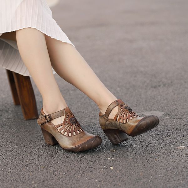 

xiangban 2020 women's shoes roman chunky heel ladies shoes high heels shallow mouth national style, Black