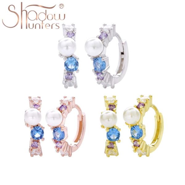 

hoop & huggie shadowhunters trendy 925 sterling silver earrings under the sea hoops blue cz pearl piercing romantic women jewelry, Golden;silver