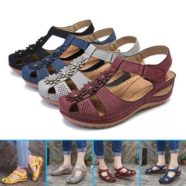 

women summer sandals pu leather vintage flower buckle shoes casual for ladies -opk, Black