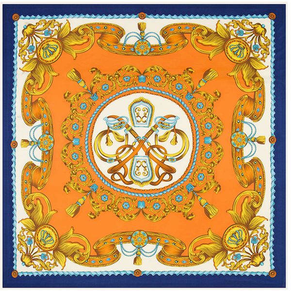 

pobing 100% twill silk квадратного шарфа женщина цветочный печать foulard платки обертывание шейного управление леди бандан 130см, Blue;gray