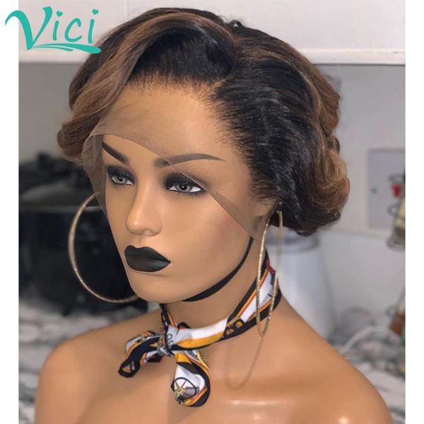 

pixie cut wig 1b/30 colored human hair wigs for black women 13x4 highlight lace front human hair wigs pre plucked short bob wig, Black;brown