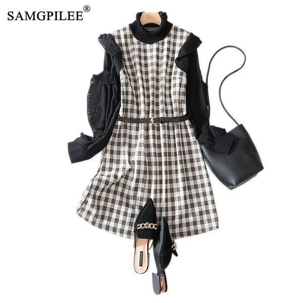 

2020 women autumn clothing casual dress a-line plaid full sleeve sashes elegant dress empire turtleneck autumn dresses for women, Black;gray