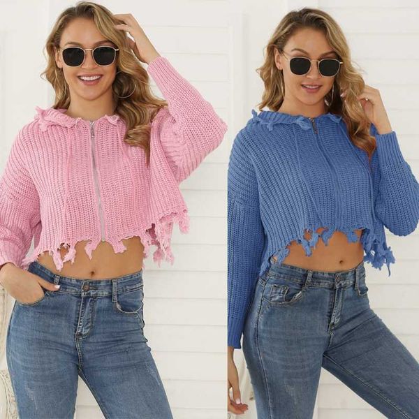 

women long sleeve zipper cardigan drawstring hood jacket tassel solid sweater, White