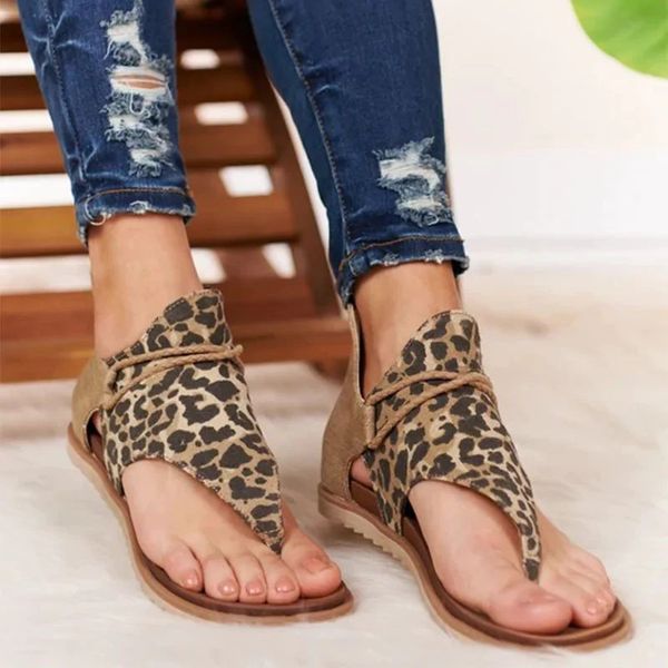 

summer fork strap flat shoes zipper gladiator sandals leopard print sandals women's big flat bottom women lace, Black