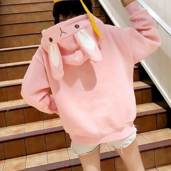 

women kawaii rabbit ear hooded sweatshirt korean sweet warm autumn winter female loose hoodie sweet clothes, Black