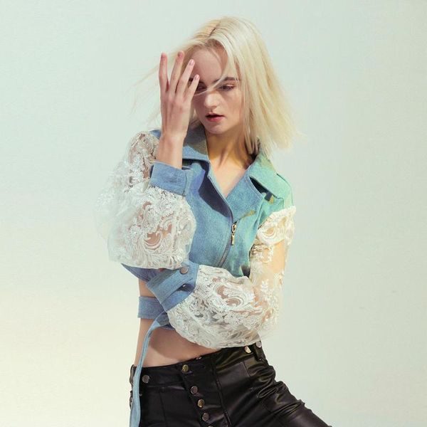 

spring new short perspective hook flower hollow out lace splice denim jacket women plus size zipper waist lace-up jean coat, Black;brown