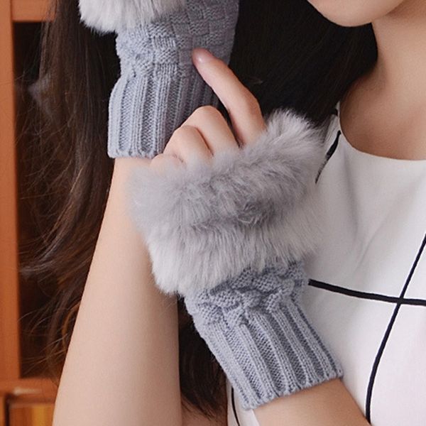 

1 pair fashion women faux fur hand wrist crochet knitted fingerless gloves knitting winter autumn warmer mittens, Blue;gray