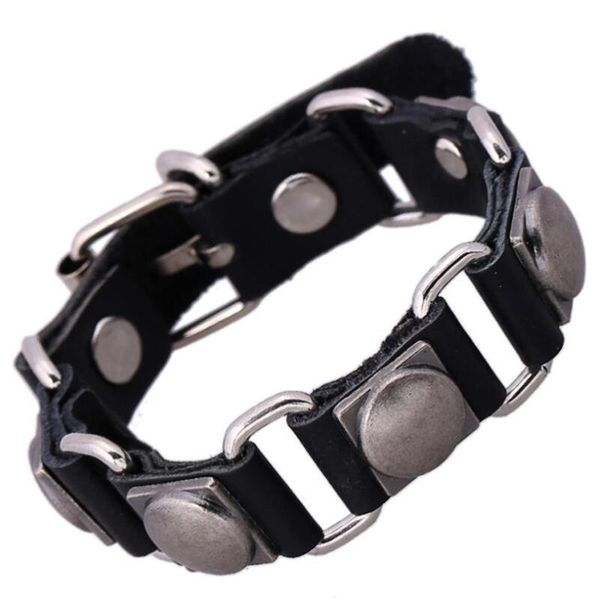 

punk fashion black leather belt bracelet alloy screw rivets charms bangle chain handmade wristbands vintage retro hiphop jewelry, Golden;silver