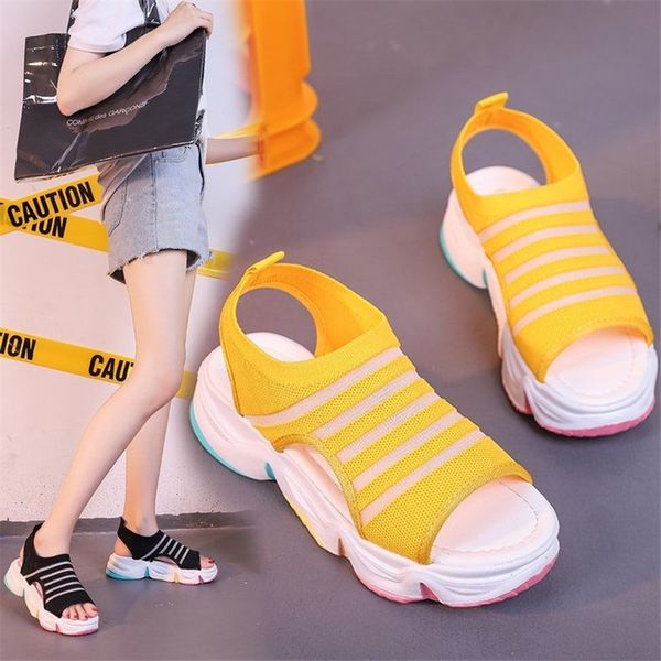 

women summer mixed colors chunky platform sandals hollow mesh 5cm wedge heels beach sandals woman thick bottom gladiator shoes, Black