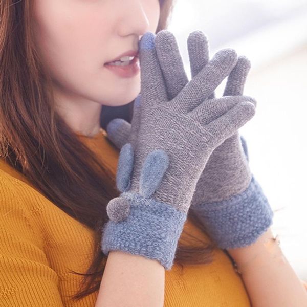 

1pairs new gloves for women winter spring lovely knitted glove warm plush velvet outdoor mitten female girls finger mittens, Blue;gray