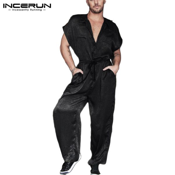 

incerun fashion men jumpsuit joggers solid casual rompers shortsleeve streetwear shiny party loose mens overalls pockets pants, Black