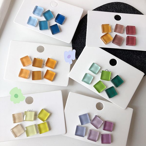 

stud shiny side accessories acrylic square earrings for women simple style gift cute candy color set, Golden;silver