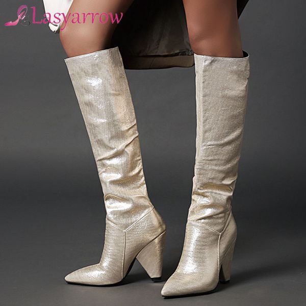 

lasyarrow super high heel woman boots knee high boots pleated spike heel shoes pointed toe female long autumn winter, Black