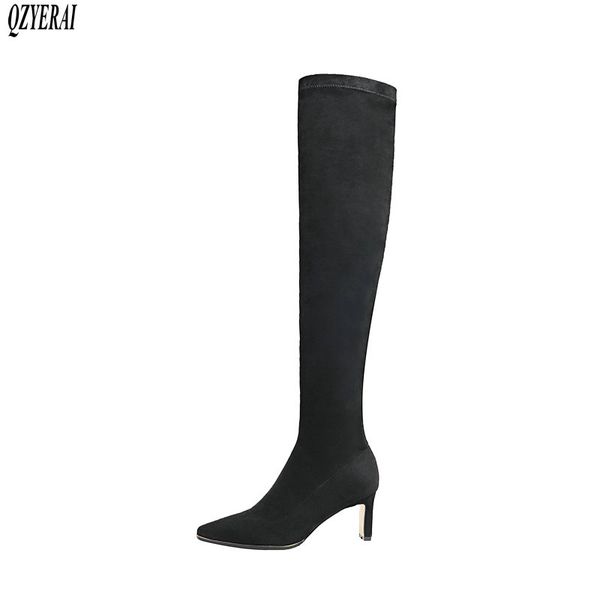 

new winter over knee boots genuine leather women boots stretch high heels cowhide socks woman warm women shoes, Black