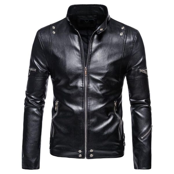

men's fur & faux autumn spring leather long sleeve stand collar zipper solid pocket large size male loose locomotive coat, Black
