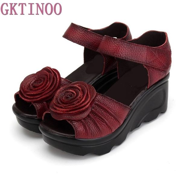 

gktinoo 2020 ethnic style shoes wedges sandals handmade genuine leather platform women sandal y200620, Black