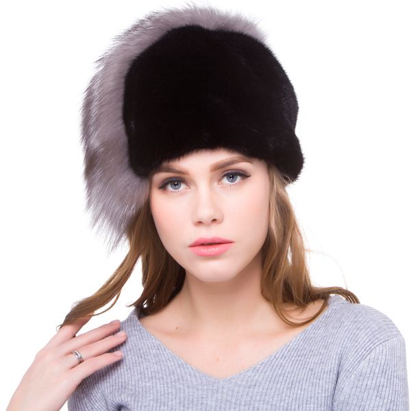 

luxury handmade autumn winter women's genuine whole skin beanies hats silver fur tail lady warm caps vf5053, Blue;gray