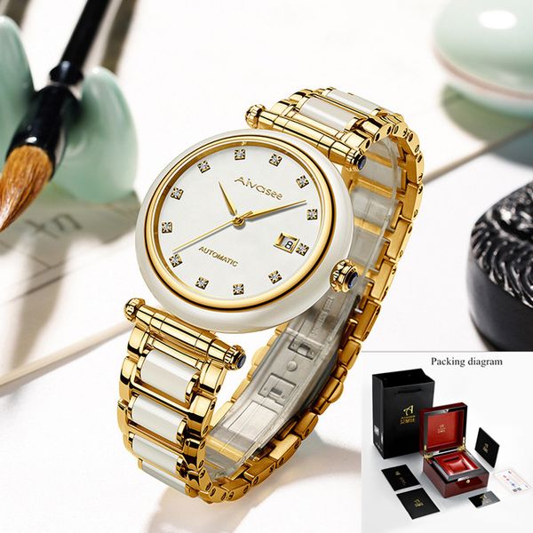 

jade unique women watch new lovers business men clock diamond automatic mechanical fashion trend couple watch, Slivery;brown