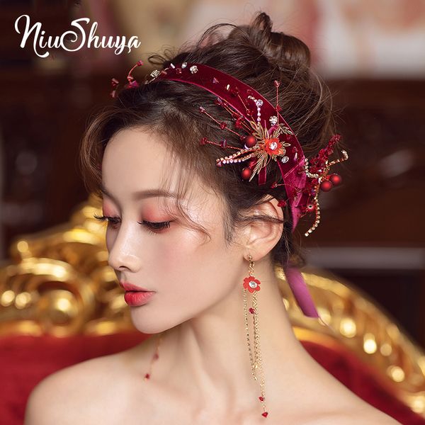 

niushuya bowknot hair jewelry handmade red crystal wedding tiara hairpins hairband headpiece bridal hair accessories, Golden;silver