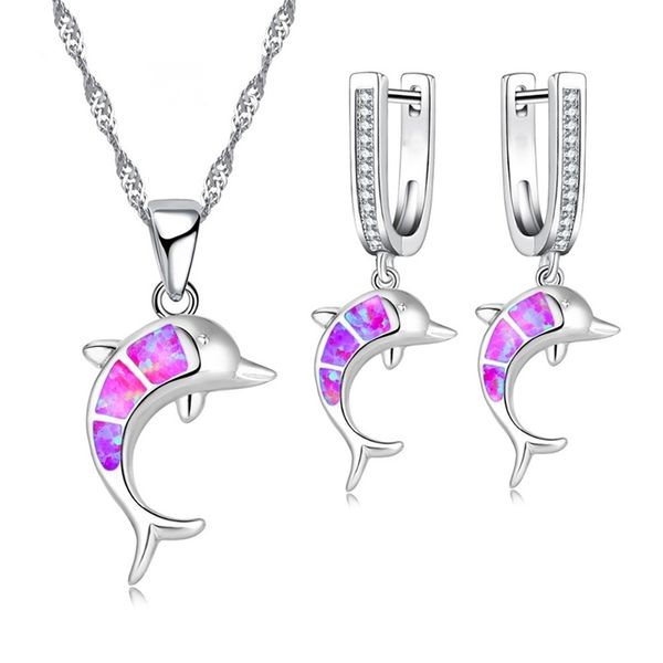 

fashion dolphin blue imitation fire opal zircon necklace with earrings jewelry set for women accessories statement girl gift, Silver