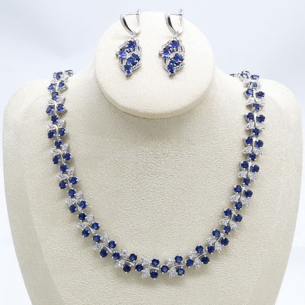 

royal blue crystal women silver color jewelry sets wedding earrings necklace gift box