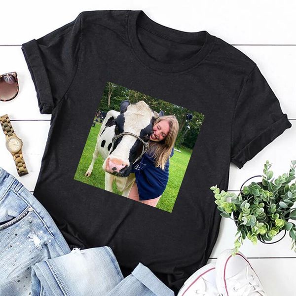 

new women's t-shirt cow koe knuffelen print tees o neck short sleeve casual harajuku t shirt, White