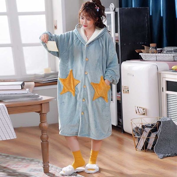 

hooded night robe winter coral fleece cartoon star bathrobe over size flannel button nightgown women thickening pajamas 210203, Black;red