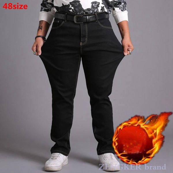 

winter extra large plus velvet jeans men's straight loose high waist plus size 46 48 black trousers baggy jeans oversized, Blue