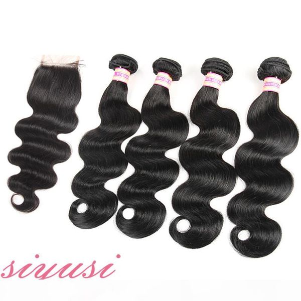 

brazilian virgin hair bundles with closure human hair bundles with lace closures human hair weave brazilian body wave with closure, Black;brown