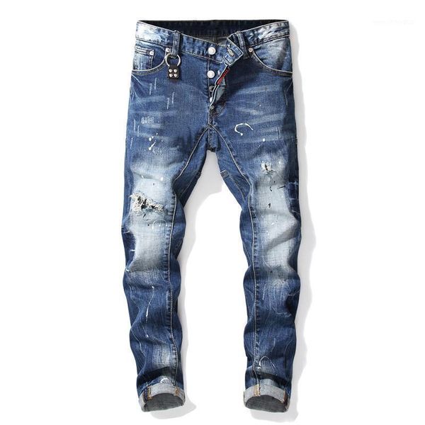 

men's jeans european american style italy brand men's slim pants mens pencil straight blue hole for men1