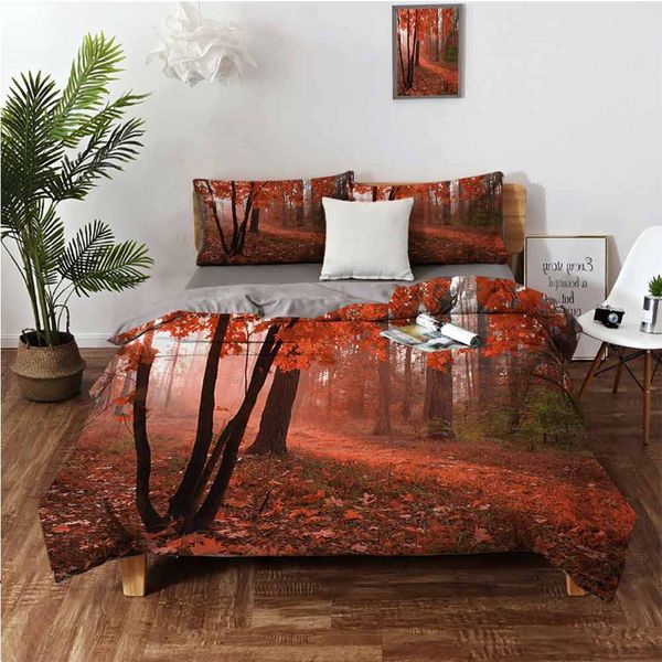 

misty forest with leaves from deciduous seasonal trees warm to cold featured imagebedding 3-piece set