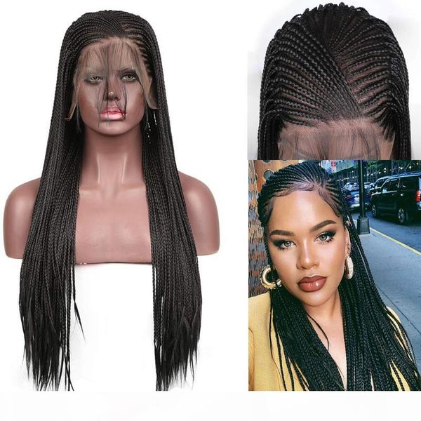 

micro braided wigs heat resistant high temperature fiber hair synthetic lace front long braided box braids wig for african american women, Black