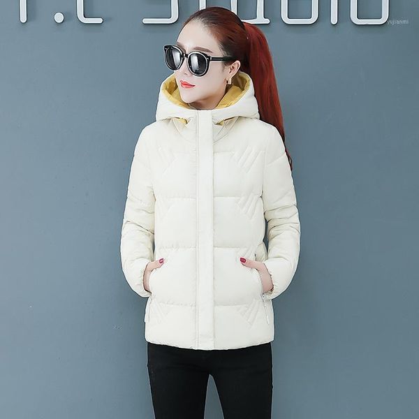 

women solid hoodies down coat 2019 new korean winter fashion splice zipper pockets button thickening slim short outwear1, Black