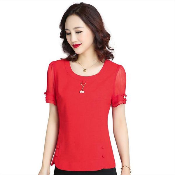 

women casual spring summer style chiffon blouses shirts lady elegant short sleeve o neck blusas shirts df2398, White